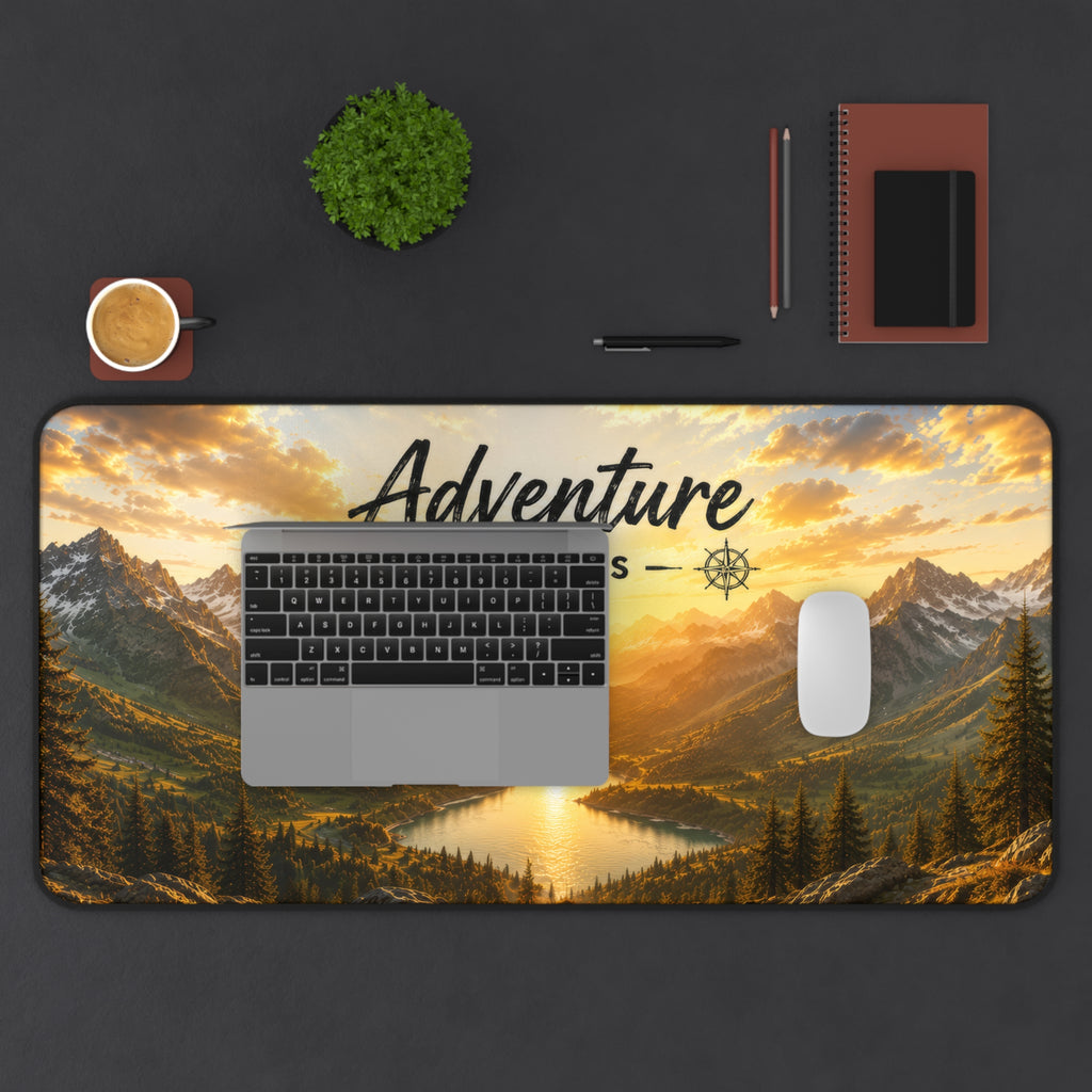 Adventure Awaits Desk Mat – Scenic Sunrise Mountain Mouse Pad | Planet of Thoughts