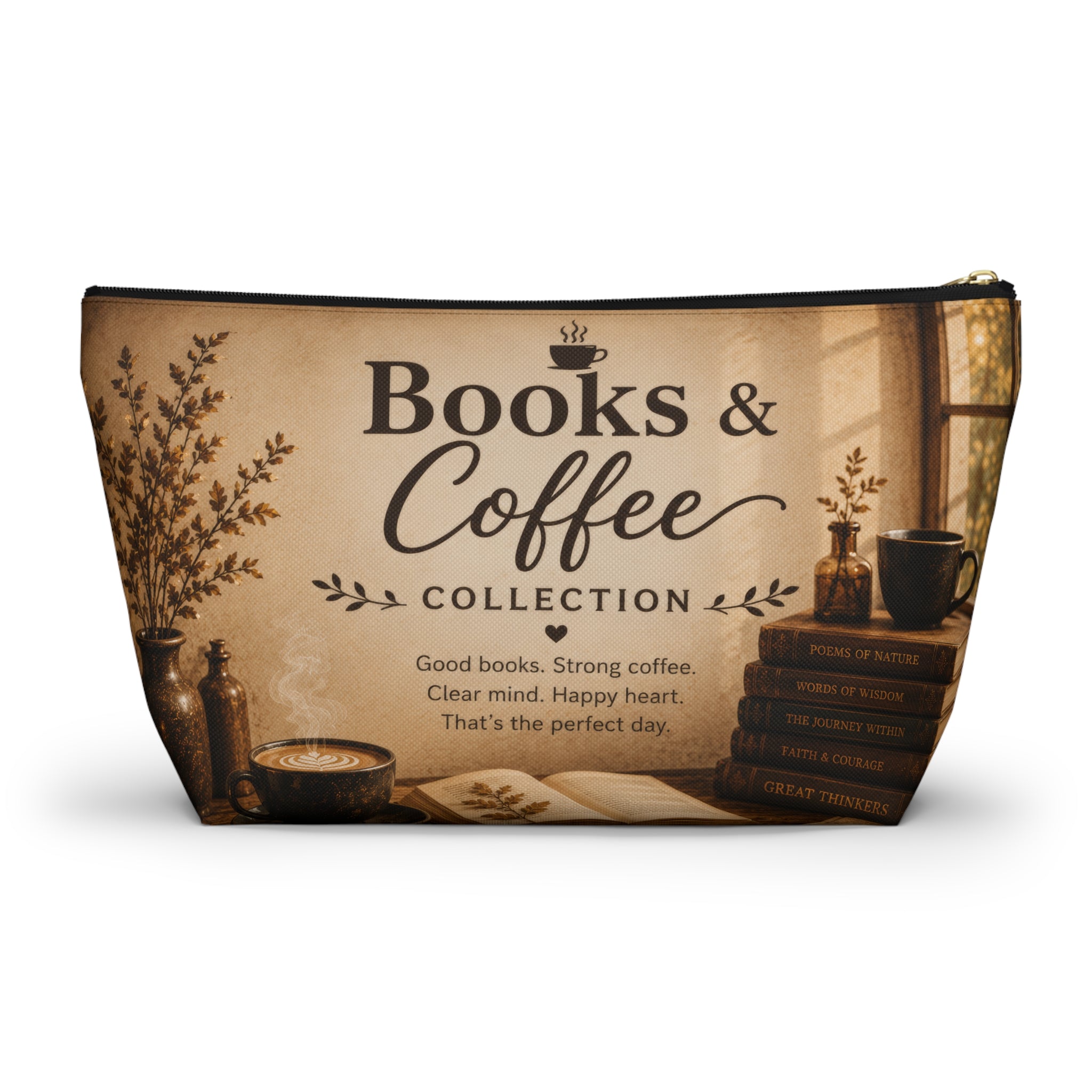 Books & Coffee Accessory Pouch — T-Bottom Makeup Bag for Readers and Coffee Lovers