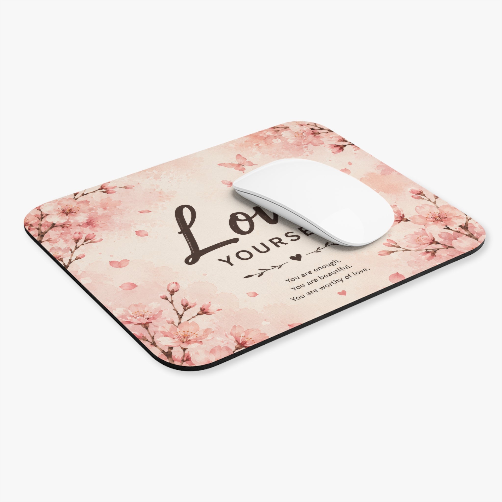 Love Yourself Floral Mouse Pad – Inspirational Cherry Blossom Design | Planet of Thoughts