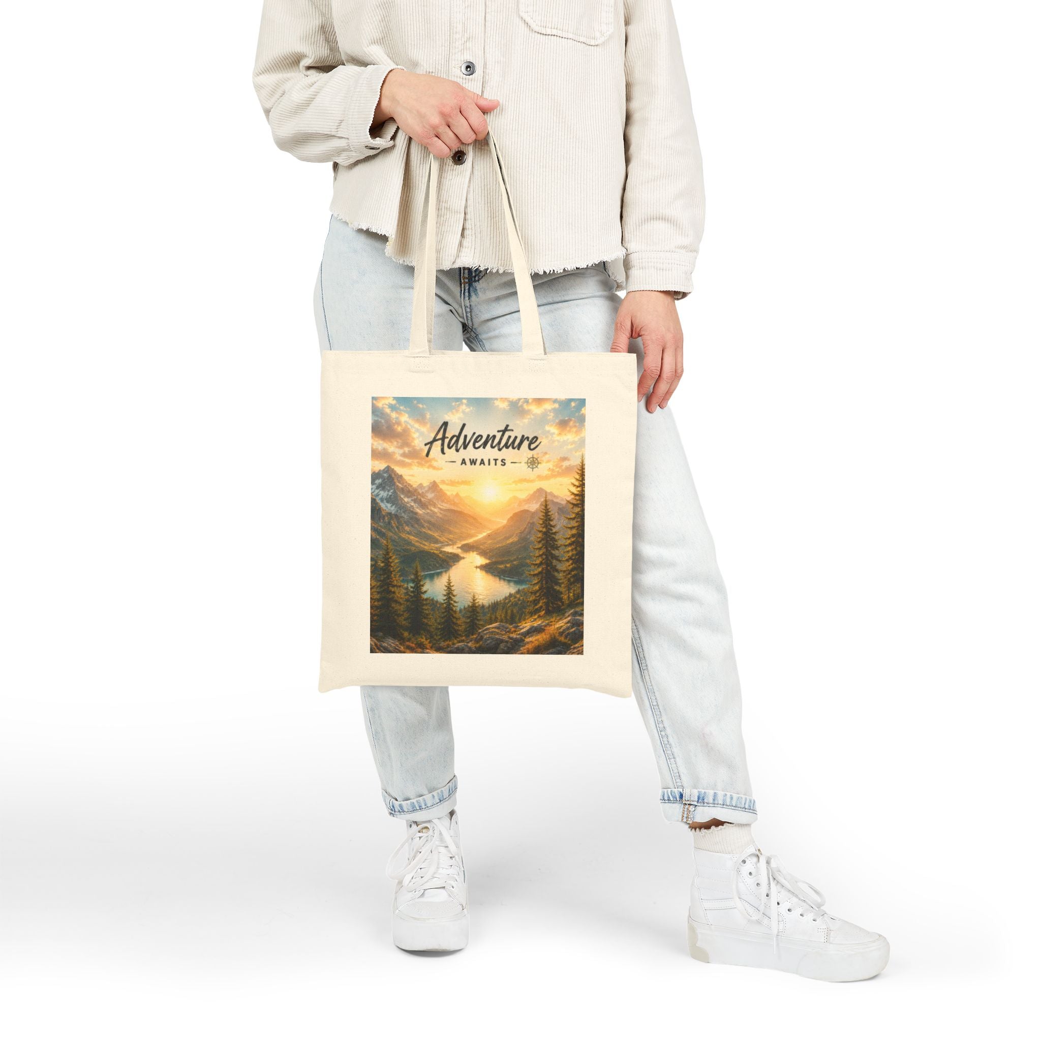 Adventure Awaits Canvas Tote — Scenic Mountain Lake Cotton Bag