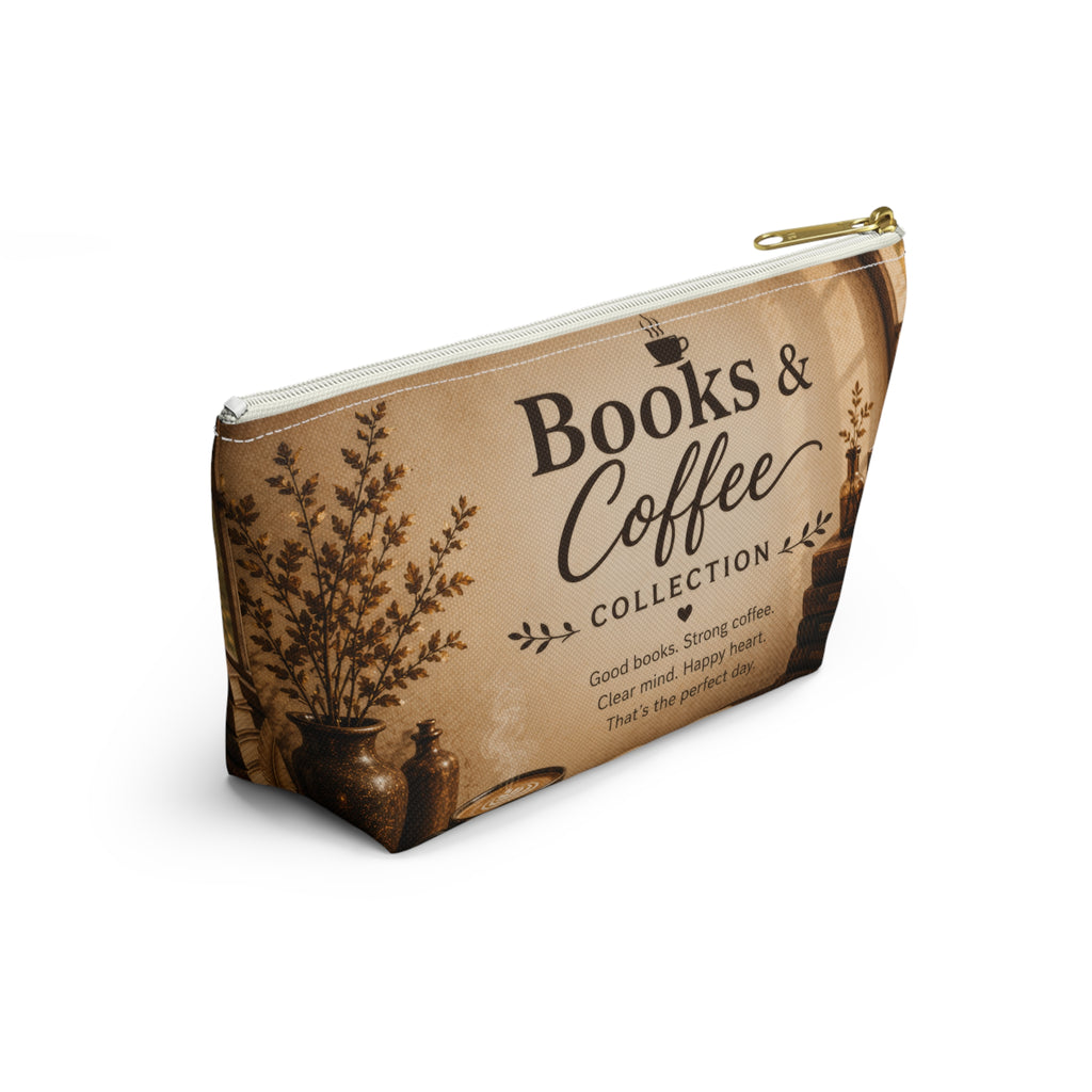 Books & Coffee Accessory Pouch — T-Bottom Makeup Bag for Readers and Coffee Lovers