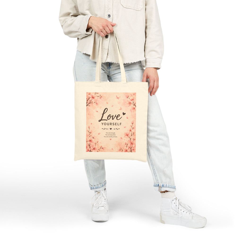 Love Yourself Floral Tote Bag – Self-Care Canvas Shopping Tote