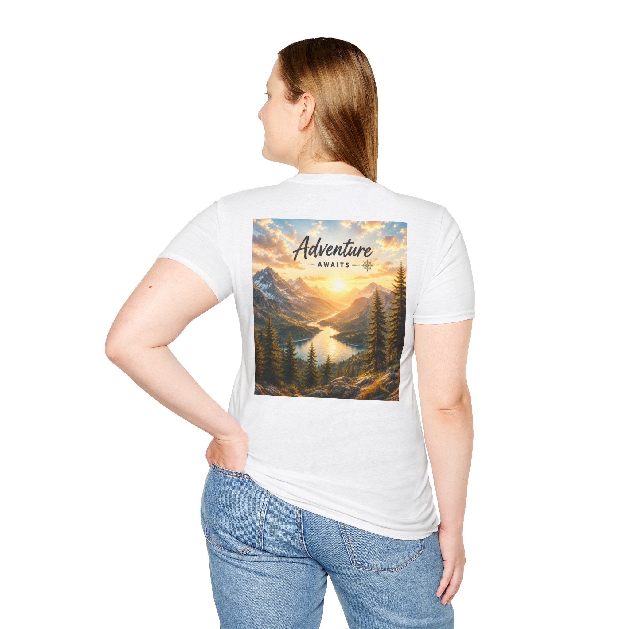Adventure Awaits T-Shirt — Scenic Mountain Sunset Travel Tee