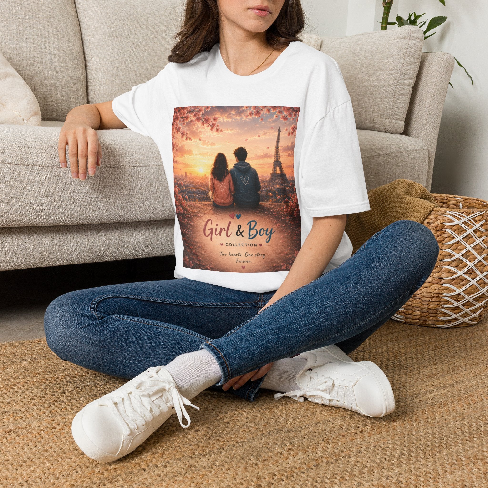 Girl & Boy T-Shirt — Couple in Paris Sunset Eiffel Romance Tee