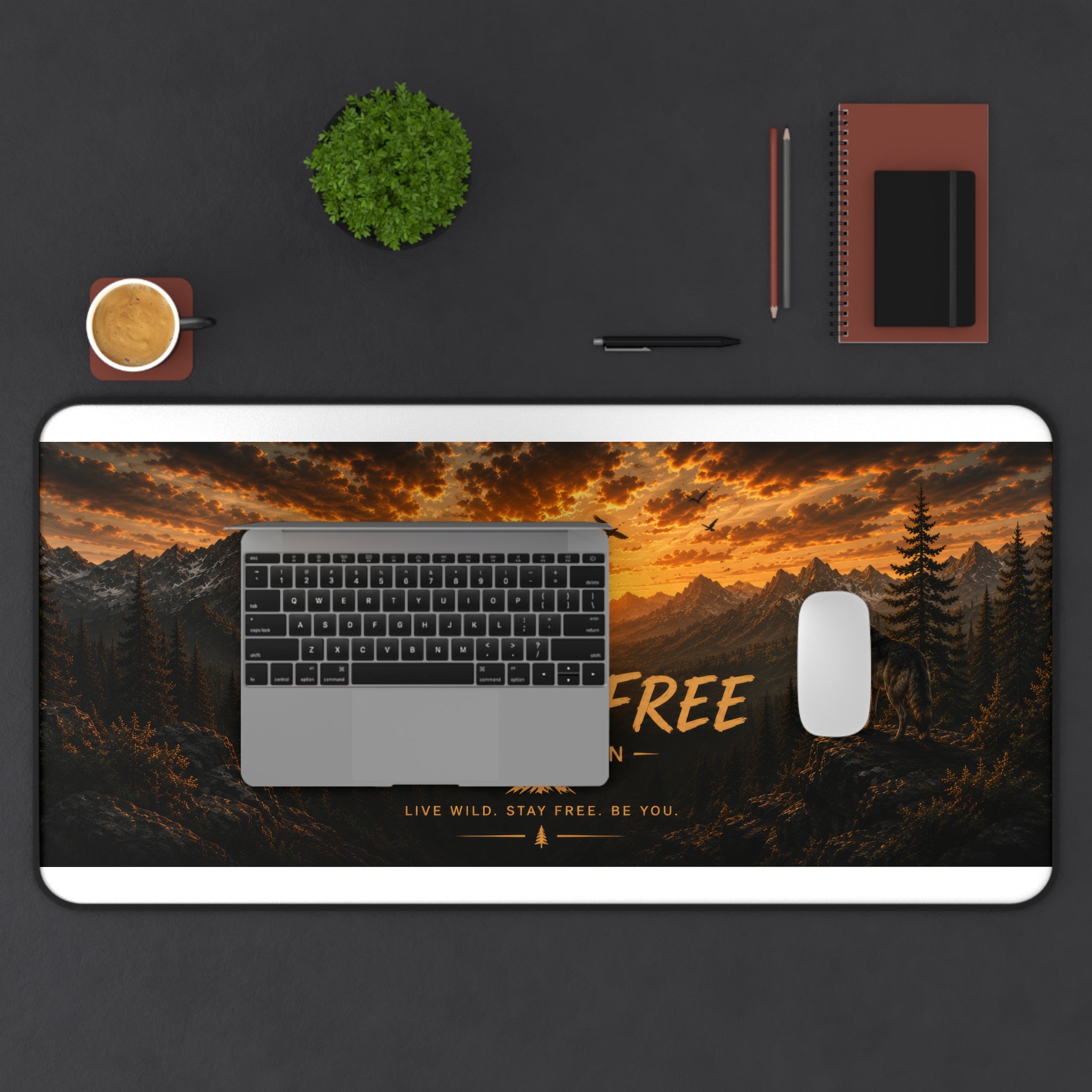 Wild & Free Sunset Mountain Desk Mat — Large Scenic Mouse Pad for Nature Lovers