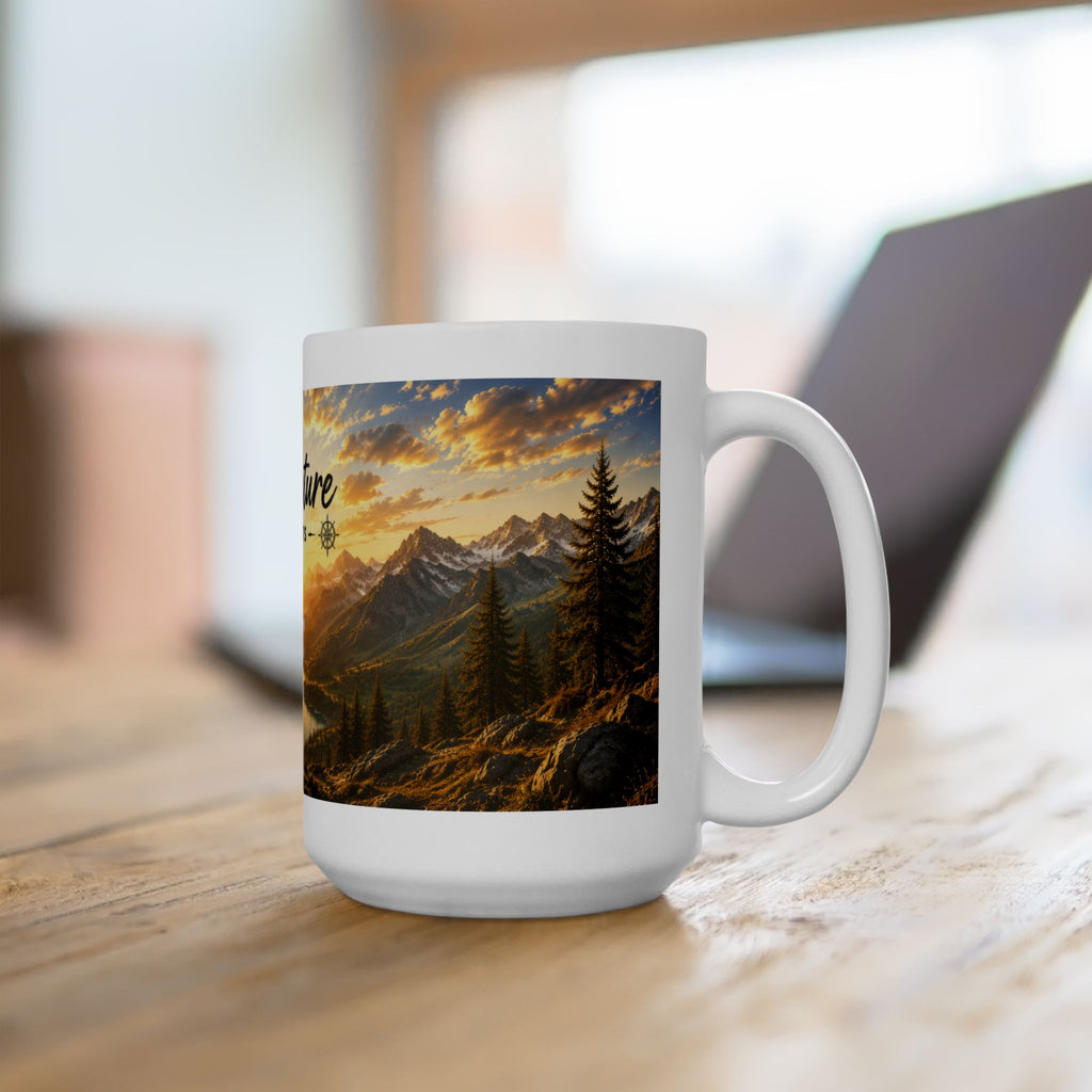 Adventure Ceramic Mug (11oz, 15oz) | Mountain Sunrise Coffee Mug | Planet of Thoughts