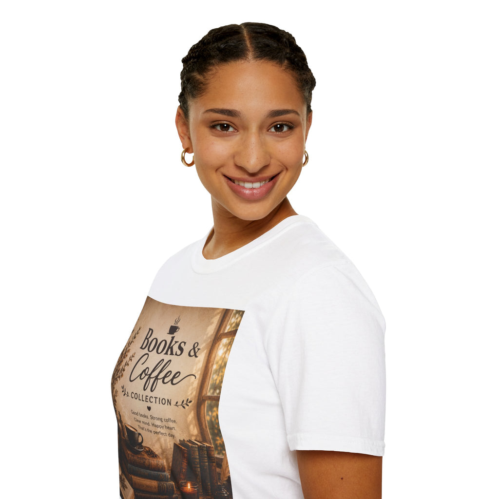 Books & Coffee Graphic T-Shirt — Cozy Reader Vintage Library Tee