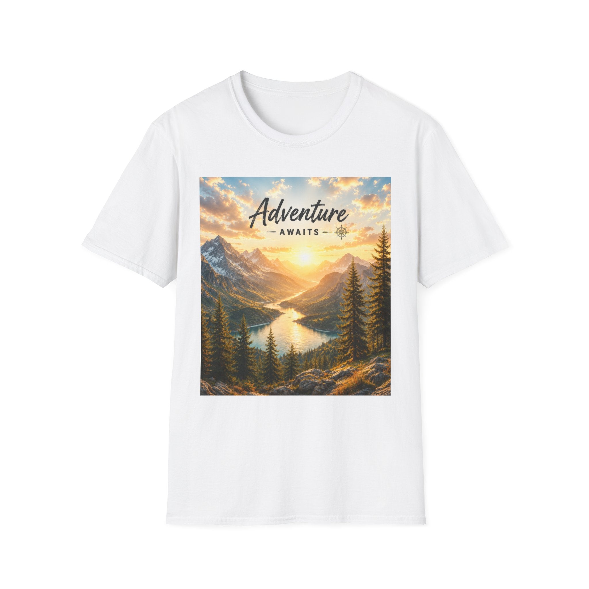 Adventure Awaits T-Shirt — Scenic Mountain Sunset Travel Tee
