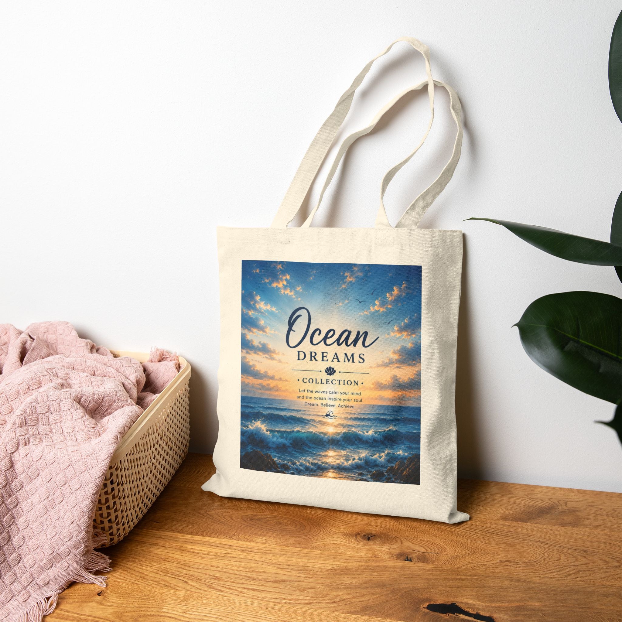 Ocean Dreams Canvas Tote - Beach Sunset Graphic Cotton Bag