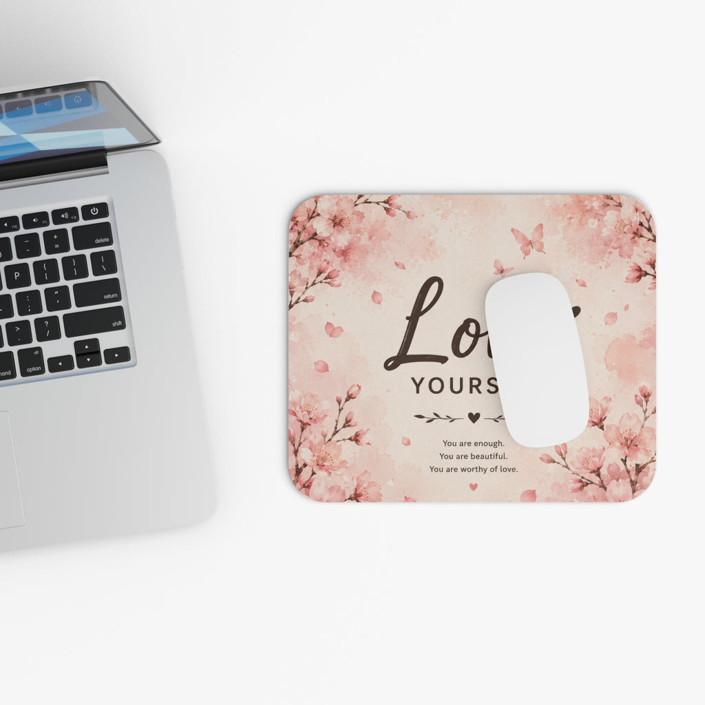 Love Yourself Floral Mouse Pad – Inspirational Cherry Blossom Design | Planet of Thoughts