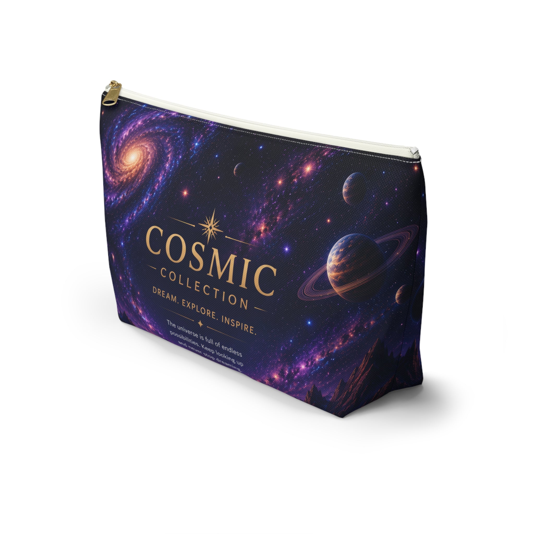 Cosmic Collection Accessory Pouch — Galaxy Print T-Bottom Makeup Bag ("COSMIC" Text)