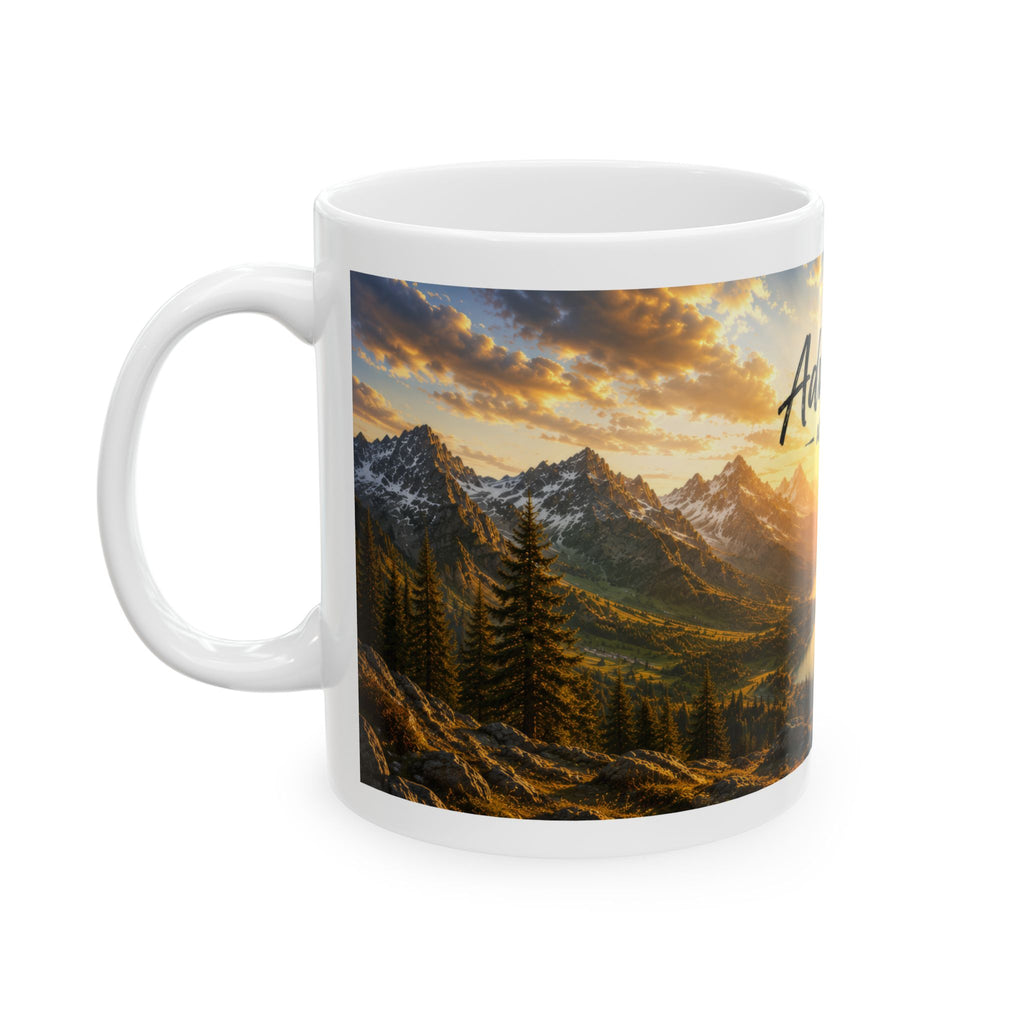 Adventure Ceramic Mug (11oz, 15oz) | Mountain Sunrise Coffee Mug | Planet of Thoughts
