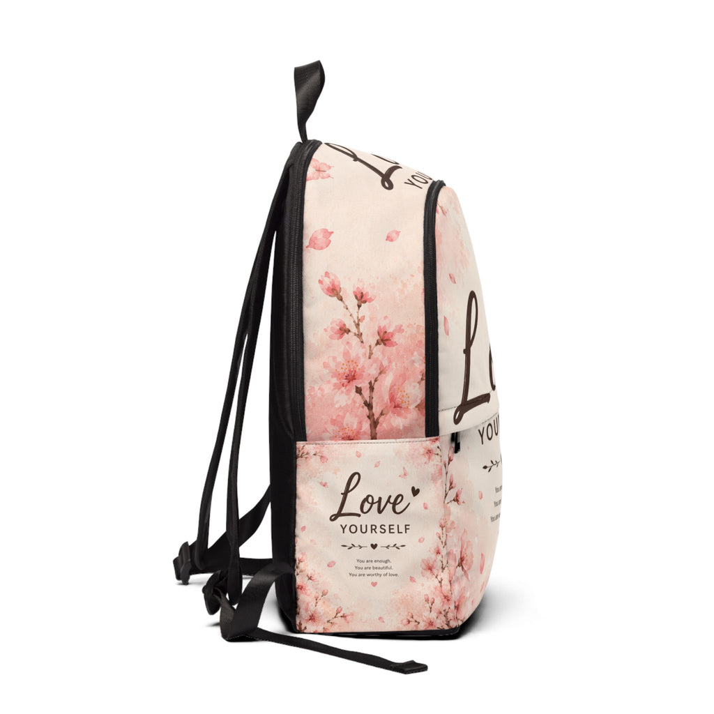 Love Yourself Floral Backpack — Inspirational Cherry Blossom School Bag